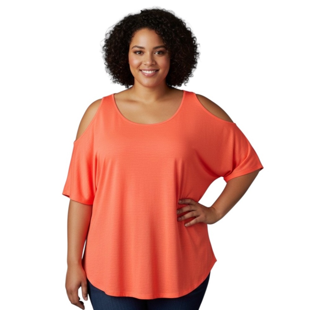 GAP Linen Blend Knit COLD SHOULDER TOP TEE Neon Orange Round-Hem Scoop Neck XXL